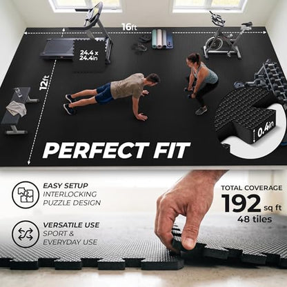 bemaxx Gym Mats Set - 48 pcs EVA Interlocking Foam Floor Tiles (24.4"x24.4"x0.4") 192 sqft Protective Gym Flooring Sports Home Workout Exercise Mats Puzzle Garage Fitness Play-Room Pool Treadmill Bike