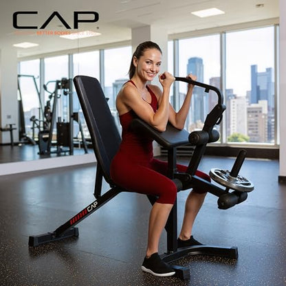 CAP Adjustable Utility Weight Bench with Preacher Pad, Arm Curl Attachment, and Leg Developer for Full Body Strength Training
