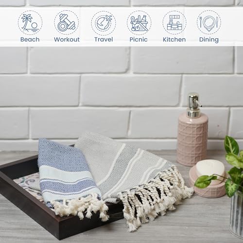 TFLC Turkish Cotton Kitchen & Bath Towels, Set of 2, 40x18”, Blue & Gray - color: Blue & Gray, size: 40x18" - Set of 2