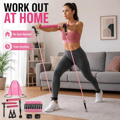 Pilates Bar Kit with Resistance Bands, Pilates Workout Equipment for Home Gym, Adjustable 3-Section Pilates Bar Kit for Women & Men, Ideal Pilates at Home Kit for Full Body Training & Flexibility