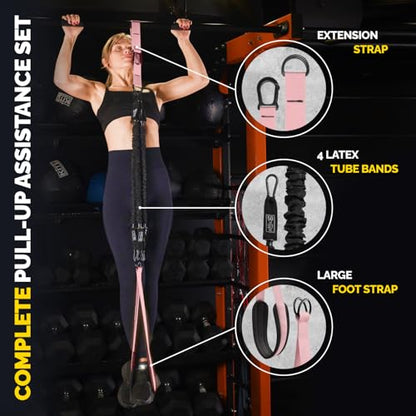 Pull Up Assistance Bands - 4 Heavy Duty Pull Up Bands with Adjustable Strap and Foot Rest - Stackable Pull Up Assist Band Set for Pull Up Bar - Resistance Bands for Pull Ups Chin Ups Strength Training - color: Pink