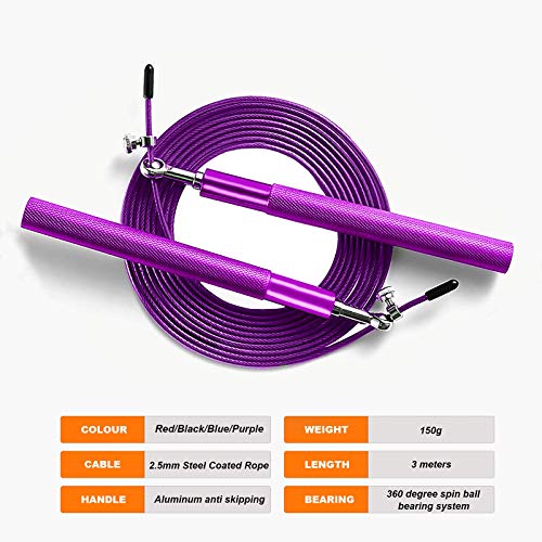 Speed Jump Rope - 360° Swivel Ball Bearing - Adjustable steel coated rope-Aluminum Anti Skipping Handle -Fitness Training Boxing Sports Exercises -Suitable for Kids and Adults - color: Purple