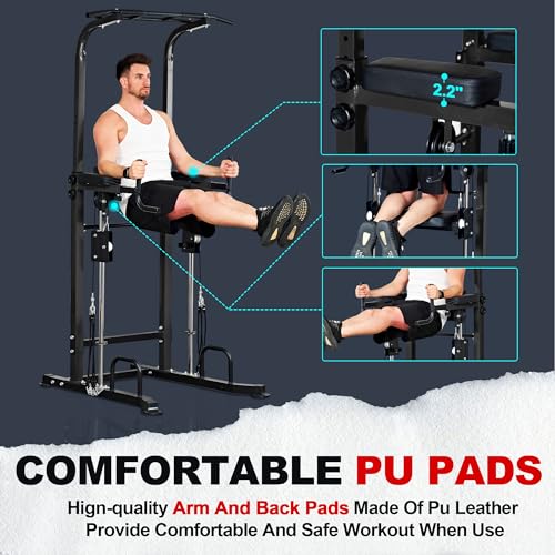 soges Power Tower Pull Up Bar Station, Height Adjustable Multi-Function Dip Station with Assisted Pad for Home Gym, 330Lbs Capacity Full Body Strength Training Workout Equipment for Beginners & Pros