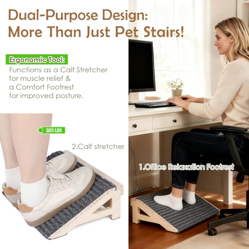 1-Pack Dog Stairs Ramp for Small & Aged Dogs - Wooden Anti-Slip Pet Steps, Low-Angled Dog Assist Ramp for Indoor & Outdoor, 4.2in, Slant Board Calf Stretcher & Footrest, Patio/Home/Office 3-in-1 Use - size: 1 Pack