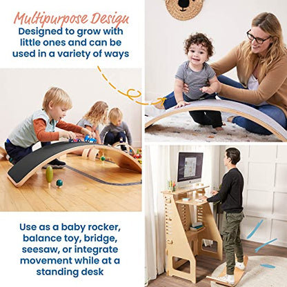 ECR4Kids Wooden Rocking Balance Board with Non-Slip Felt Base, Montessori Toy, Black - color: Black