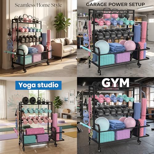 4-Tier Dumbbell Rack & Home Gym Storage, Heavy-Duty Weight Rack Stand with Lockable Wheels, 350LBS Capacity Workout Equipment Organizer for Kettlebells, Yoga Mats and Balls, Black