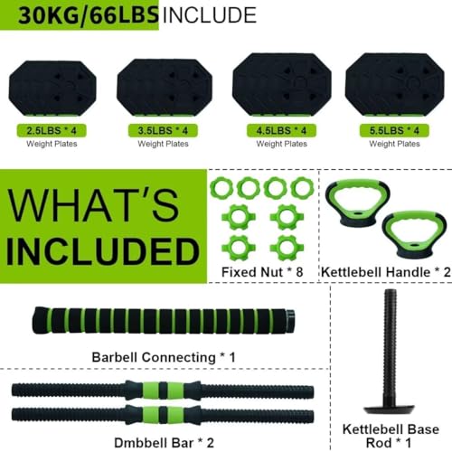 Adjustable Weight Set 66/88 Lbs, 4-in-1 Dumbbell Set and Barbell Weight Set for Home Gym, Converts to Kettlebell & Push-Up Stand, Free Weights Dumbbells Set for Men & Women Full Body Workout