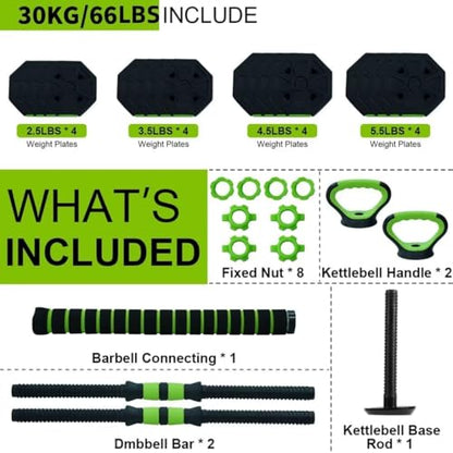 Adjustable Weight Set 66/88 Lbs, 4-in-1 Dumbbell Set and Barbell Weight Set for Home Gym, Converts to Kettlebell & Push-Up Stand, Free Weights Dumbbells Set for Men & Women Full Body Workout