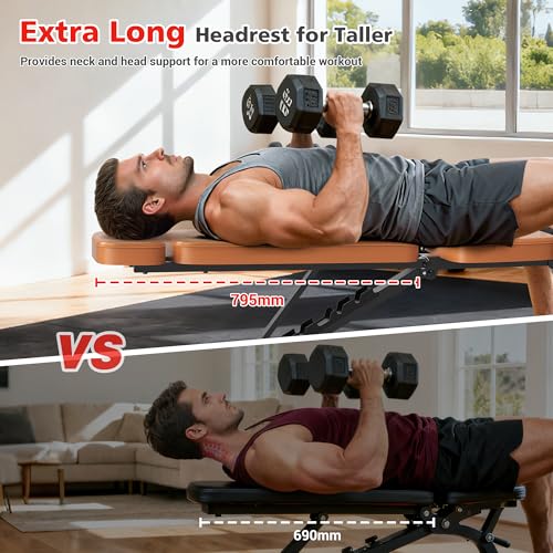 XDDIAS Workout Bench, 10 Backrests Adjustable Weight Bench with Extended Headrest, 800LBS Foldable Weight Bench for Home Gym, Incline Decline Flat Bench Compact for Small Space Training - color: Brown
