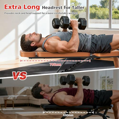XDDIAS Workout Bench, 10 Backrests Adjustable Weight Bench with Extended Headrest, 800LBS Foldable Weight Bench for Home Gym, Incline Decline Flat Bench Compact for Small Space Training - color: Brown