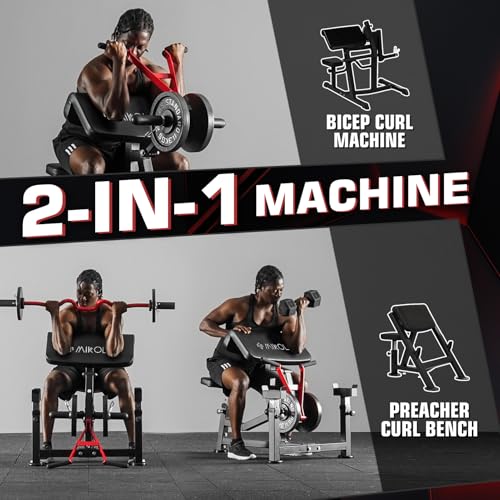 Mikolo Preacher Curl Bench, Plate Loaded Bicep Curl Machine, Bicep Workout Equipment，2 in 1 Arm Training Machine for Home Gym
