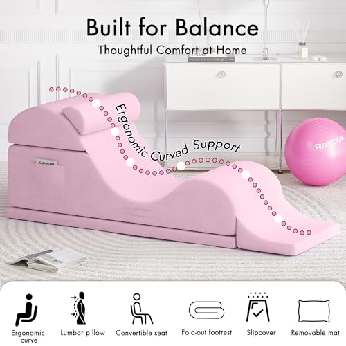 Convertible Yoga Chair for Adults, Ergonomic Foam Lounge with Lumbar Pillow, Washable Cover, Side Pocket, No Assembly Needed – Great for Exercise, Stretching & Relaxation (Light Pink, 21-inch) - color: Light Pink
