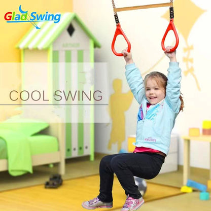 HUAWELL Wooden Trapeze with Plastic Gym Rings - Outdoor N Indoor Playground 2 in 1 Swing Set Accessories for Kids (Blue)
