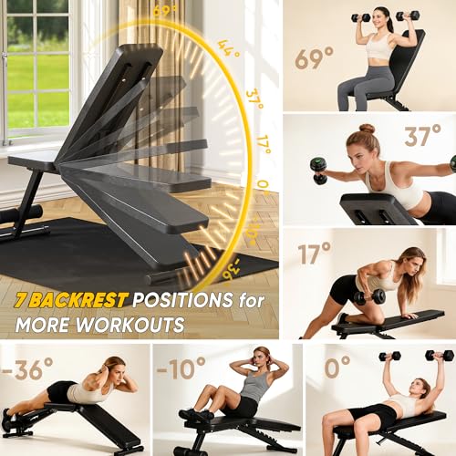 Adjustable Weight Bench for Home Gym, 600LBS Capacity Foldable Workout Bench with 7 Backrest Positions for Full Body Exercise, Compact for Small Spaces, Incline Decline Flat Bench with Quick Adjustment & Easy Folding
