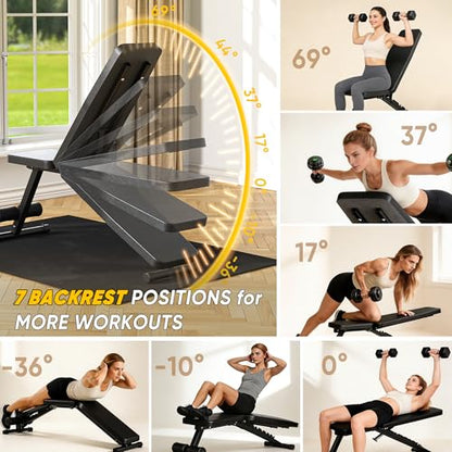 Adjustable Weight Bench for Home Gym, 600LBS Capacity Foldable Workout Bench with 7 Backrest Positions for Full Body Exercise, Compact for Small Spaces, Incline Decline Flat Bench with Quick Adjustment & Easy Folding