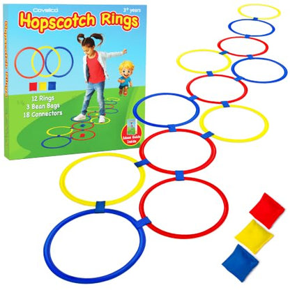 12 Hopscotch Rings, 3 Bean Bags, 25+ Games Guide, Obstacle Course for Kids
