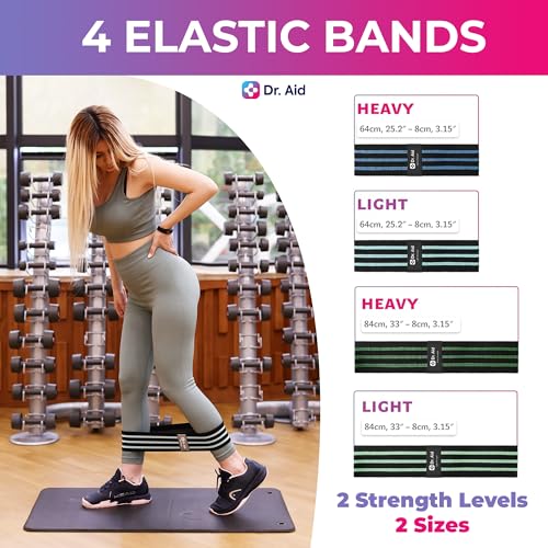 Dr. Aid Fabric Resistance Bands for Women & Men – 4 Booty Bands Set (2 Sizes, 2 Tension Levels) – Non-Slip, Non-Curl, Tear-Resistant, Extra Stretchy Workout Bands for Legs, Hips, Glutes & Butt
