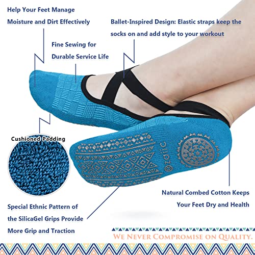 Ozaiic Pilates Socks for Women Non Slip Grip Yoga Barefoot Indoor Workout - color: 4 Pairs -Green/Blue/Cyan/Red