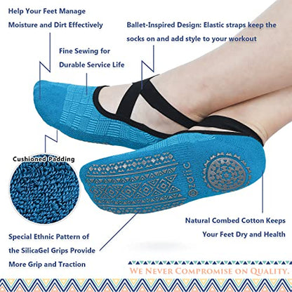 Ozaiic Pilates Socks for Women Non Slip Grip Yoga Barefoot Indoor Workout - color: 4 Pairs -Green/Blue/Cyan/Red