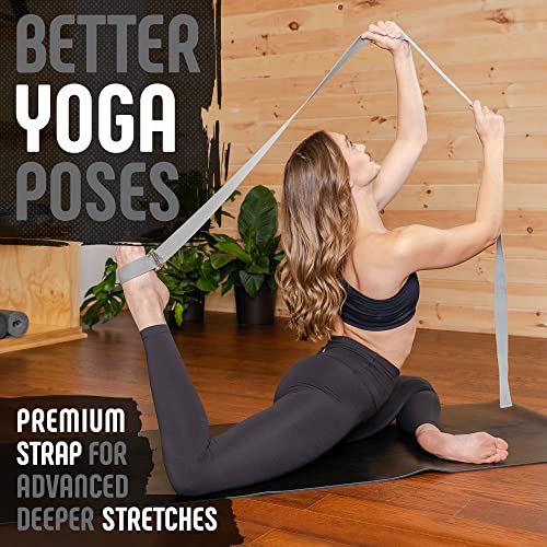 Yoga Strap, Friction-Less Easy-Feed Buckle, Super Soft Cotton/Polyester Blend Webbing, Free eGuide. (8 Feet) - color: Grey