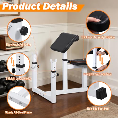 ZenStyle Adjustable Preacher Curl Bench Fitness Weight Bench Seated Isolated Barbell Dumbbell Biceps Training Station Arm Curl Bench for Home Gym