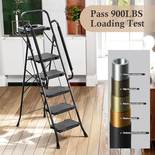 KINGRACK 5 Step Ladder with Tool Platform, 900 lbs Sturdy Step Stool with Handrail, Folding Steel Ladder with Wide Pedal, Safety Ladder for Adults Home Outdoor Painting Garage Office