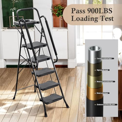 KINGRACK 5 Step Ladder with Tool Platform, 900 lbs Sturdy Step Stool with Handrail, Folding Steel Ladder with Wide Pedal, Safety Ladder for Adults Home Outdoor Painting Garage Office