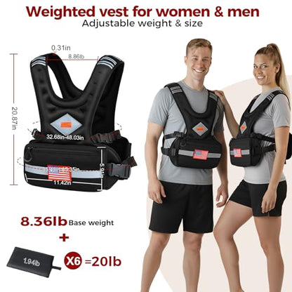 Weighted Vest Woman & Men, 6-10lb/8-20lb/8-30lb Adjustable weighted Vest With Pockets & Reflective Strips for Walking, Running, Hiking,Rucking, Workout, Strength Training - size: 8-20LB