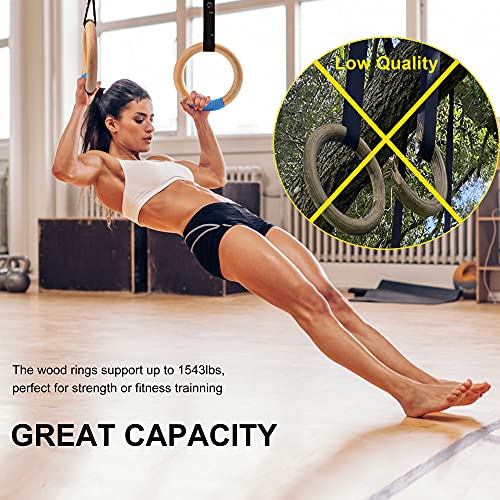 Wood Gymnastic Rings with Adjustable Number Suspension Trainer Straps with Cam Buckle 15ft Olympic Rings 32/28mm Heavy Duty 1543/992lbs for Pull Up Bar Workout Exercise Gym Hanging Rings Indoor