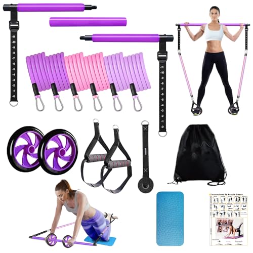 Pilates Bar Kit with Resistance Bands for Working Out, Pilates Equipment with Ab Roller for All Fitness Levels, Portable Home Gym Full Body Workout Equipment for Women&Men