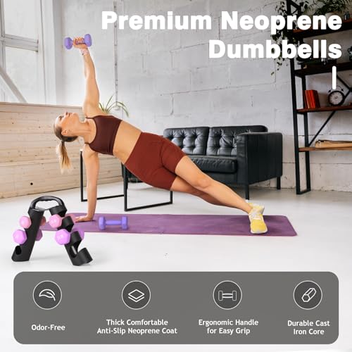 LIONSCOOL Set of 2 Neoprene Coated Dumbbell Hand Weights, Anti-Slip and Anti-Roll Hex Dumbbells in Pair for Strength Training, Resistance Training - style: 18lb, set of 6 with stand (Lilac Fantasy)