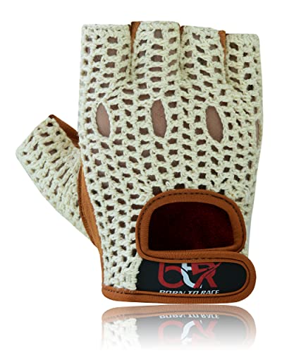 Men's Chauffeur Half Finger Padded Gloves - Driving, Motorbike, Cycling, Gym, Wheelchair, Crochet Back - color: White/Brown, size: Small