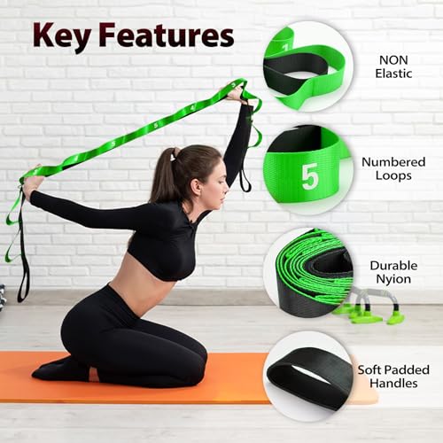 Stretching Strap with Loops for Physical Therapy,Yoga Strap for Stretching,Home Workout,Pilate & Flexibility Training,Non-Elastic Exercise Stretch Band for Hamstring,Leg Stretcher Belt,Flexibility Fascia