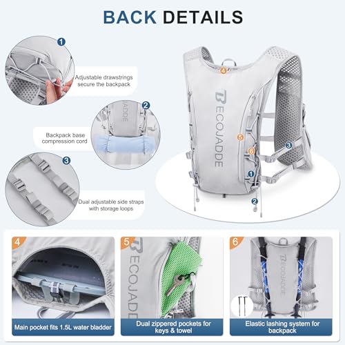 BECOJADDE Running Vest for Women Men, 5L/6L Lightweight Hydration Backpack Running Pack for Marathon, Trail, Cycling, Hiking, Jogging - color: Gray