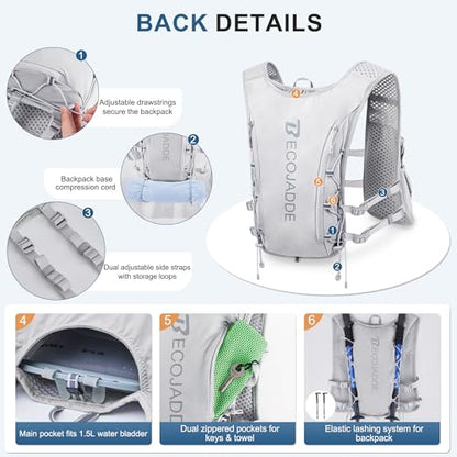 BECOJADDE Running Vest for Women Men, 5L/6L Lightweight Hydration Backpack Running Pack for Marathon, Trail, Cycling, Hiking, Jogging - color: Gray
