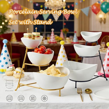 3 Tiered Oval Serving Bowl with Collapsible Metal Rack, Chip and Dip Serving Set, Dessert Appetizer Bowl Set (45oz / 17.5oz / 7oz), White Serving Bowls For Entertaining (Gold Stand)