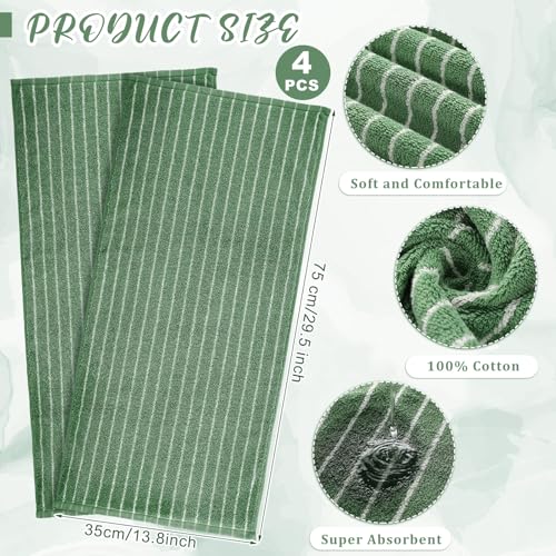 4pcs Green Hand Towels for Bathroom Striped 14 x 29 Inch Hand Towels 100% Cotton Soft Absorbent Bath Decorative for Bathroom Kitchen Spa Workout Festival Gift