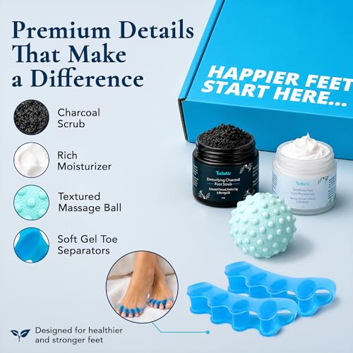 Tucketts Foot Spa Kit for Women - More than a Pedicure Kit with Foot Massage Ball, Toe Separators for Bunions, Charcoal Foot Scrub, Shea Butter Moisturizer for Dry Feet, Self Care Gifts for Women