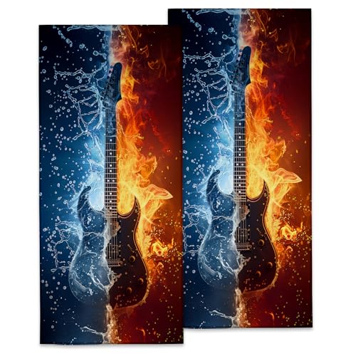 Exquisite Guitar Hand Towels, Soft Decorative Fun Water and Fire Contrast Design Hand Towel Set of 2 for Bathroom Hotel Home, Absorbent Dish Towels for Kitchen Drying Farmhouse Gifts 14×28 Inch - color: Guitar14