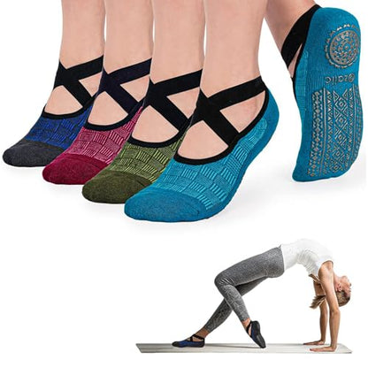 Ozaiic Pilates Socks for Women Non Slip Grip Yoga Barefoot Indoor Workout - color: 4 Pairs -Green/Blue/Cyan/Red
