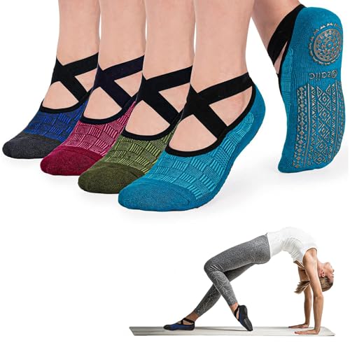 Ozaiic Pilates Socks for Women Non Slip Grip Yoga Barefoot Indoor Workout - color: 4 Pairs -Green/Blue/Cyan/Red