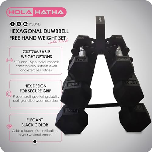 HolaHatha Hexagonal Dumbbell Free Hand Weight Set w/Rack - color: Black, style: 60lb Set