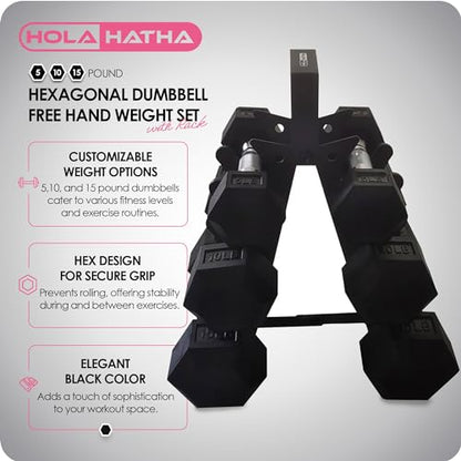 HolaHatha Hexagonal Dumbbell Free Hand Weight Set w/Rack - color: Black, style: 60lb Set