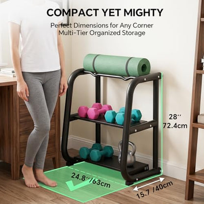 3-Tier Dumbbell Rack, Weight Rack for Dumbbells, Home Gym Storage for Dumbbells Kettlebells Yoga Mat and Balls, All in One Workout Storage, Powder Coated Finish Steel