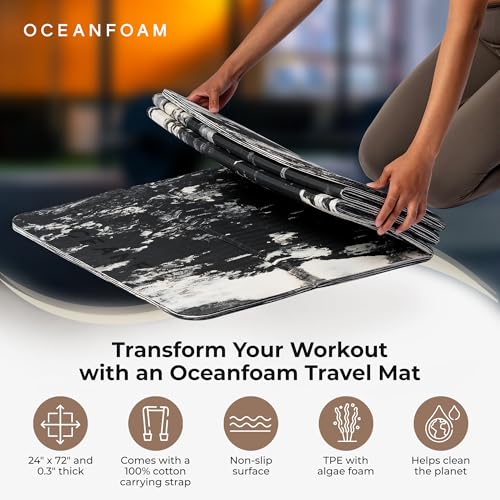 Travel Workout Mat – 0.3" Thick Folding Exercise Mat for Yoga, Pilates, & Fitness – Non-Slip with Cotton Carrying Strap, Made with Sustainable Algae Foam – 24" x 72" (Black Marbled)