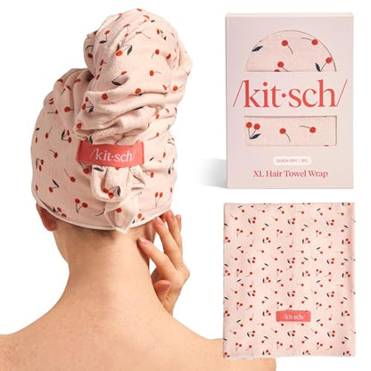 Kitsch XL Microfiber Hair Towel Wrap for Women - color: Cherry Print