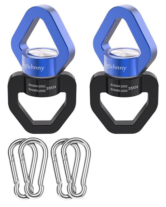 2 Pack Swing Swivel, 35KN Aluminium Alloy Swivel Hook for Swing, Swing Spinner for Children's Swing,Aerial Yoga,Web Tree Swing,Hanging Hammock Indoor Outdoor(Black-Blue with 4 Carabiners) - style: Black Blue-2 Pack with 4 Carabiners