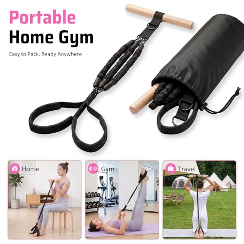 Pedal Resistance Band with Wood Handle for Arm, Leg & Core Workouts | 3-Tube 30/60/90 LB Resistance | Beech Wood Handle | Dual D-Ring | Fabric-Covered Tubes | Wide Foot Pedals | Carry Bag & Guide