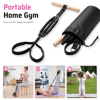 Pedal Resistance Band with Wood Handle for Arm, Leg & Core Workouts | 3-Tube 30/60/90 LB Resistance | Beech Wood Handle | Dual D-Ring | Fabric-Covered Tubes | Wide Foot Pedals | Carry Bag & Guide