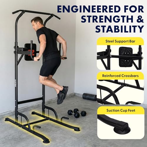 Power Tower Pull Up Station with Free Standing Pull Up Bar, Multi-Grip Workout Frame with 6 Adjustable Heights, H-Base Stability, Steel Construction, 330 lb Capacity for Home Gym, Black